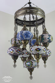 9-BALL TURKISH SULTAN MOSAIC CHANDELIER WITH NO3 (LARGE) GLOBES - TurkishLights.NET