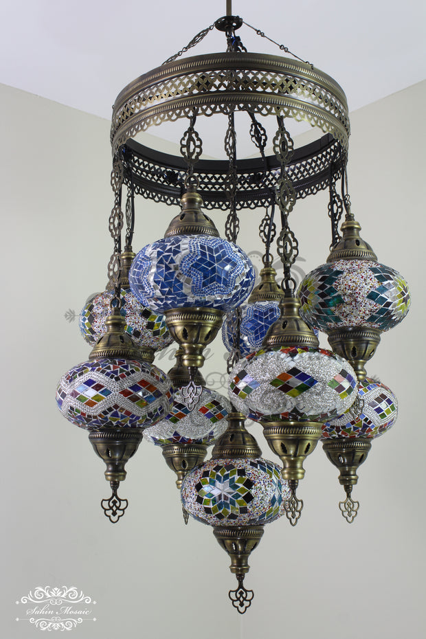 9-BALL TURKISH SULTAN MOSAIC CHANDELIER WITH NO3 (LARGE) GLOBES - TurkishLights.NET