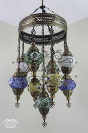 9-BALL TURKISH SULTAN MOSAIC CHANDELIER WITH NO2 (MEDIUM) GLOBES - TurkishLights.NET