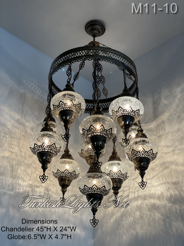 11-BALL TURKISH SULTAN MOSAIC CHANDELIER, LARGE GLOBES 10 TO CHOOSE