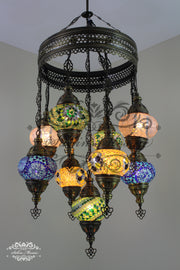 9-BALL TURKISH SULTAN MOSAIC CHANDELIER WITH NO2 (MEDIUM) GLOBES - TurkishLights.NET