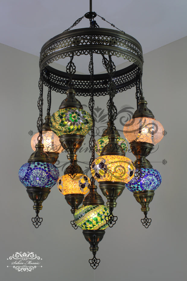 9-BALL TURKISH SULTAN MOSAIC CHANDELIER WITH NO2 (MEDIUM) GLOBES - TurkishLights.NET