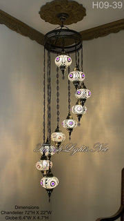 9 (L) BALL TURKISH WATER DROP MOSAIC CHANDELIER WİTH LARGE GLOBES H09-39