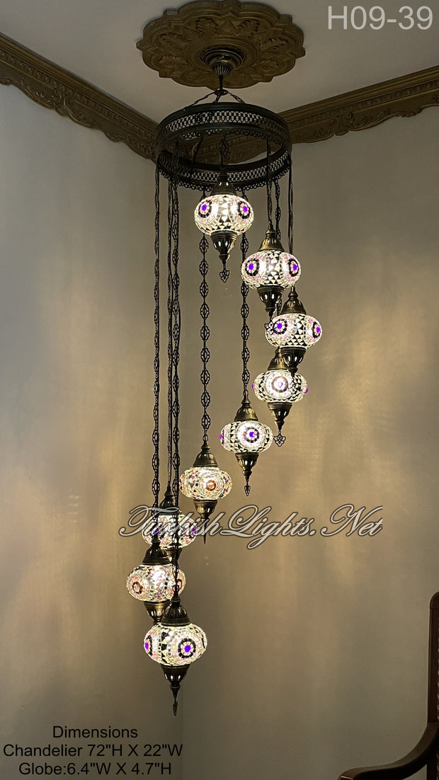 9 (L) BALL TURKISH WATER DROP MOSAIC CHANDELIER WİTH LARGE GLOBES H09-39