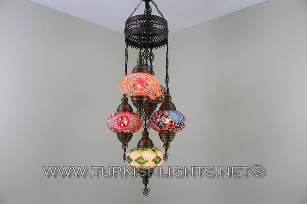 5-BALL SULTAN MOSAIC CHANDELIER (LARGE GLOBES) - TurkishLights.NET