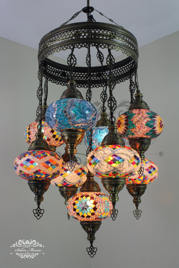 9-BALL TURKISH SULTAN MOSAIC CHANDELIER WITH NO3 (LARGE) GLOBES - TurkishLights.NET