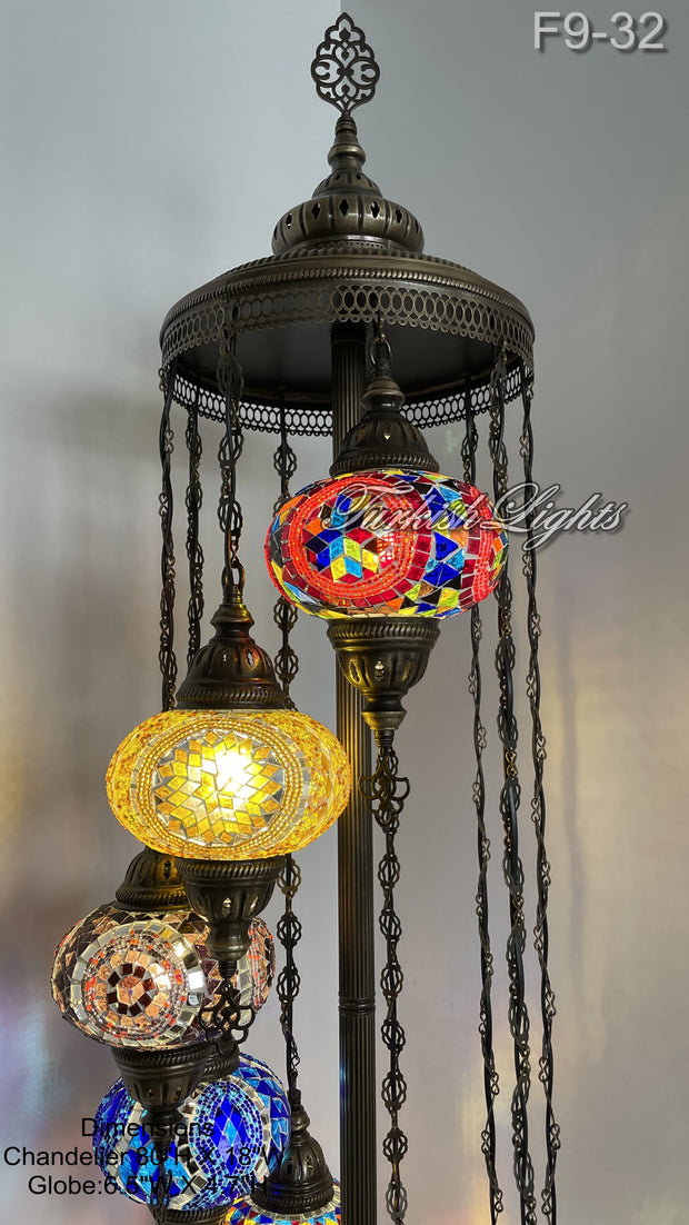 9 BALL TURKISH MOSAIC FLOOR LAMP WITH LARGE GLOBES ID: F9-32