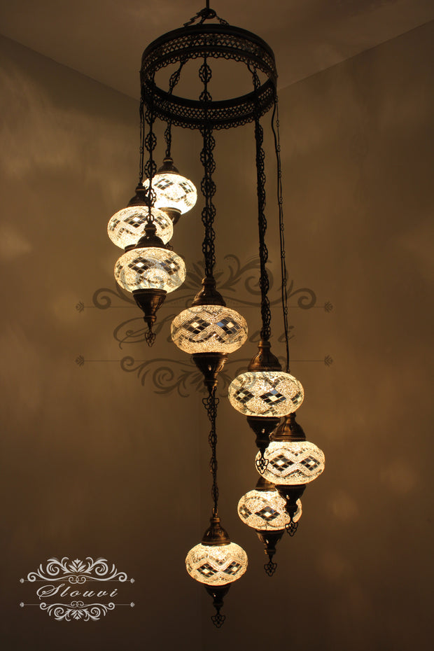 TURKISH MOSAIC LAMP, Water Drop Style CHANDELIER IN 8 LARGE GLOBES - TurkishLights.NET