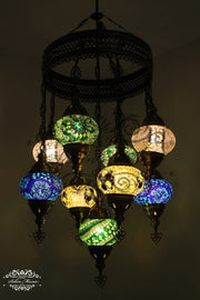 9-BALL TURKISH SULTAN MOSAIC CHANDELIER WITH NO2 (MEDIUM) GLOBES - TurkishLights.NET