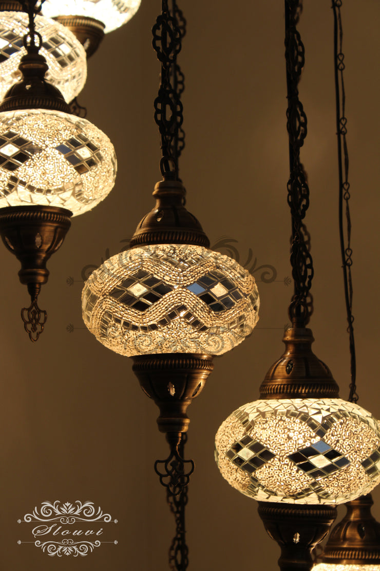 TURKISH MOSAIC LAMP, Water Drop Style CHANDELIER IN 8 LARGE GLOBES - TurkishLights.NET