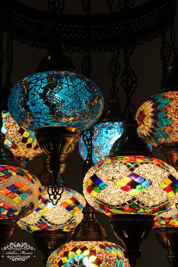 9-BALL TURKISH SULTAN MOSAIC CHANDELIER WITH NO3 (LARGE) GLOBES - TurkishLights.NET