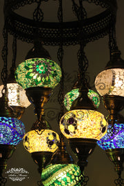 9-BALL TURKISH SULTAN MOSAIC CHANDELIER WITH NO2 (MEDIUM) GLOBES - TurkishLights.NET