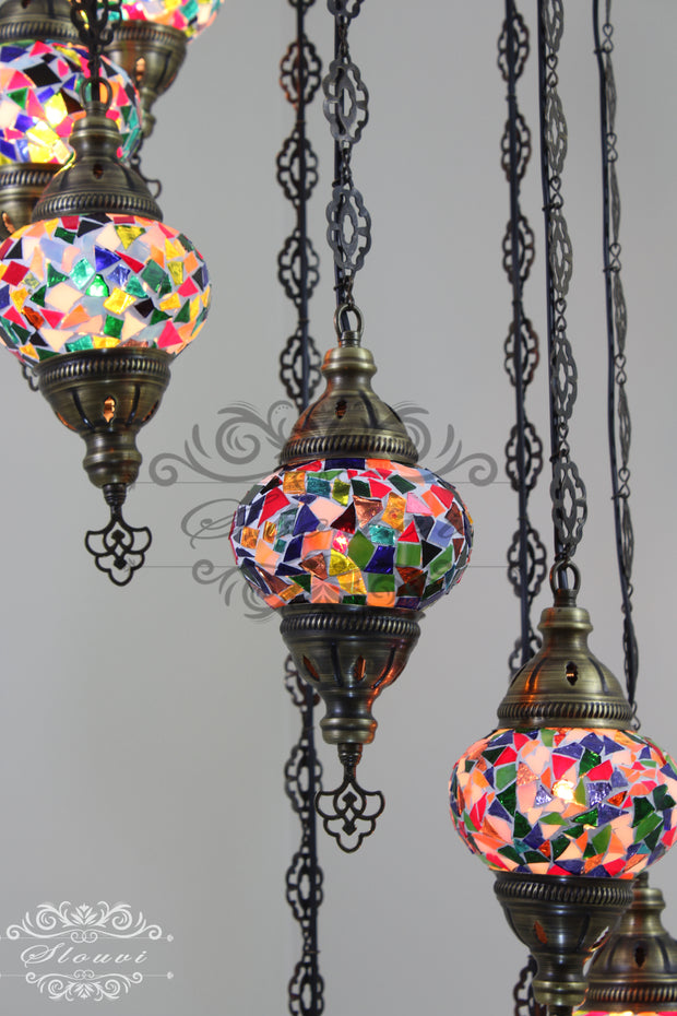 TURKISH MOSAIC LAMP, Water Drop Style CHANDELIER IN 8 GLOBES - TurkishLights.NET