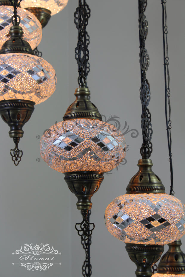 TURKISH MOSAIC LAMP, Water Drop Style CHANDELIER IN 8 LARGE GLOBES - TurkishLights.NET