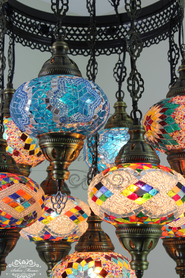 9-BALL TURKISH SULTAN MOSAIC CHANDELIER WITH NO3 (LARGE) GLOBES - TurkishLights.NET