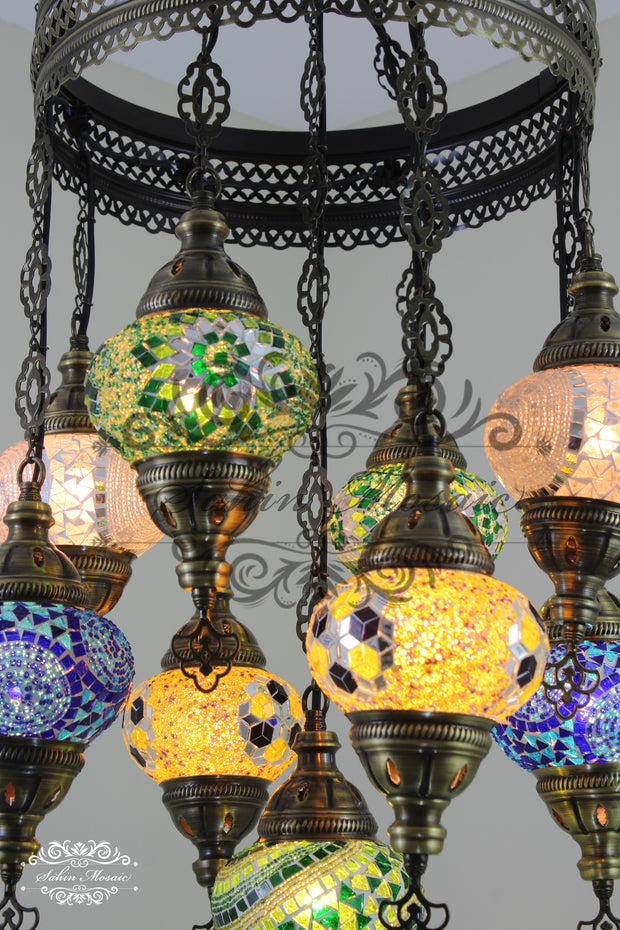 9-BALL TURKISH SULTAN MOSAIC CHANDELIER WITH NO2 (MEDIUM) GLOBES - TurkishLights.NET