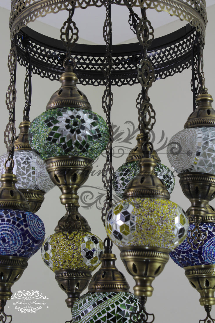 9-BALL TURKISH SULTAN MOSAIC CHANDELIER WITH NO2 (MEDIUM) GLOBES - TurkishLights.NET