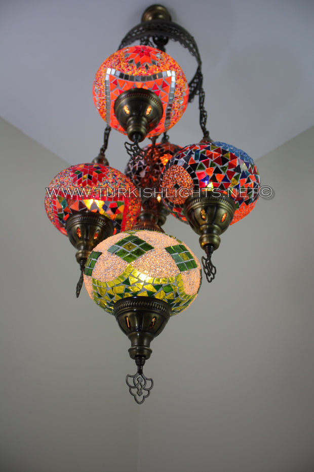 5-BALL SULTAN MOSAIC CHANDELIER (LARGE GLOBES) - TurkishLights.NET