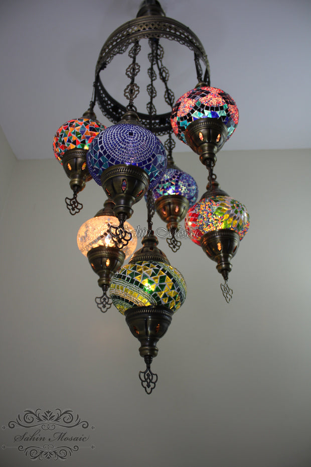 5-BALL SULTAN MOSAIC CHANDELIER (LARGE GLOBES) - TurkishLights.NET