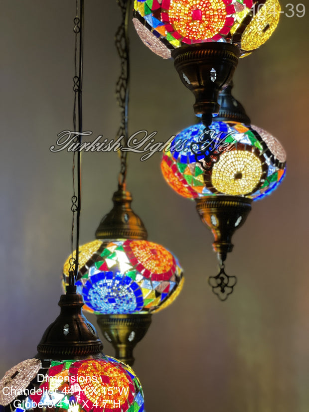 4 (L) BALL TURKISH WATER DROP MOSAIC CHANDELIER WİTH LARGE GLOBES H04-39