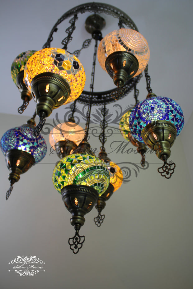 9-BALL TURKISH SULTAN MOSAIC CHANDELIER WITH NO2 (MEDIUM) GLOBES - TurkishLights.NET