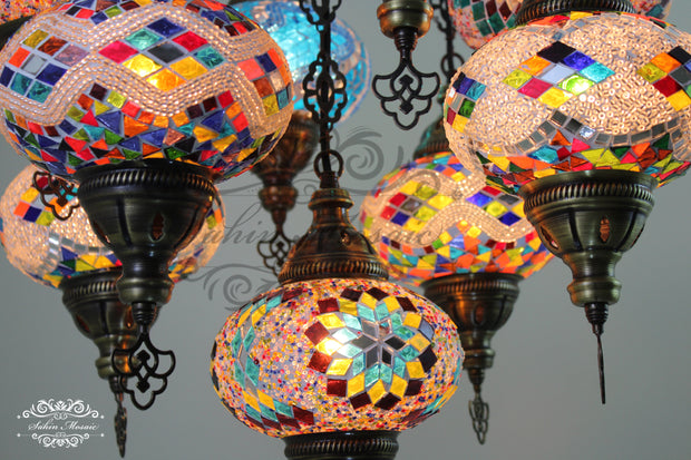 9-BALL TURKISH SULTAN MOSAIC CHANDELIER WITH NO3 (LARGE) GLOBES - TurkishLights.NET