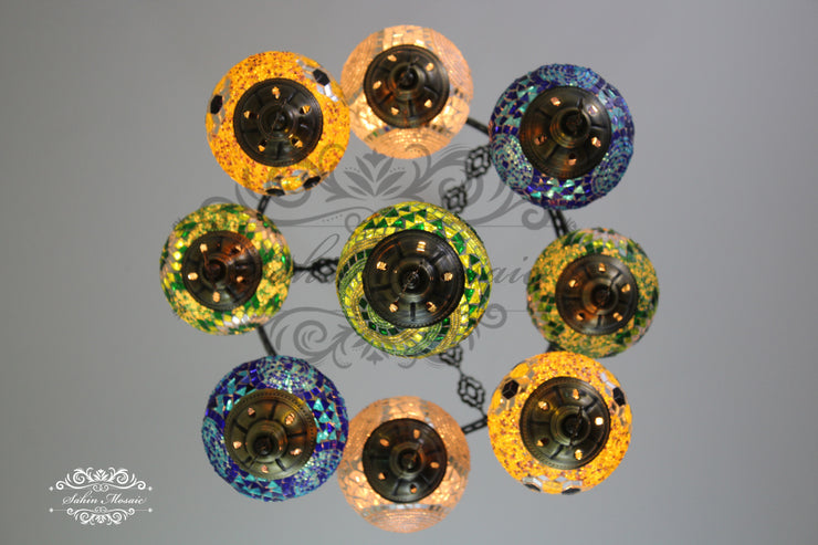 9-BALL TURKISH SULTAN MOSAIC CHANDELIER WITH NO2 (MEDIUM) GLOBES - TurkishLights.NET