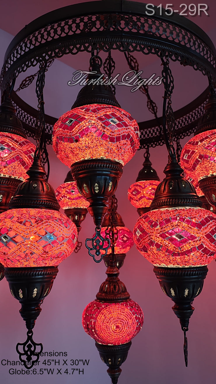 15-BALL TURKISH SULTAN MOSAIC CHANDELIER, MEDİUM GLOBES ID: S15-29R