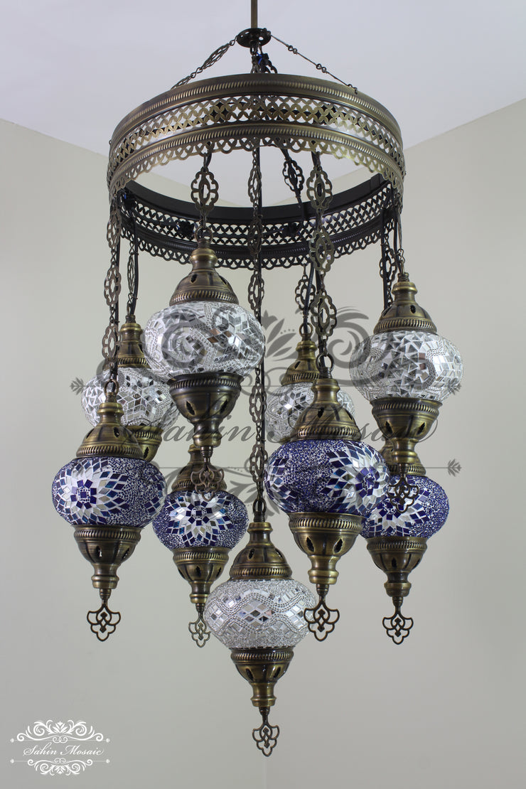 9-BALL TURKISH SULTAN MOSAIC CHANDELIER WITH NO2 (MEDIUM) GLOBES - TurkishLights.NET