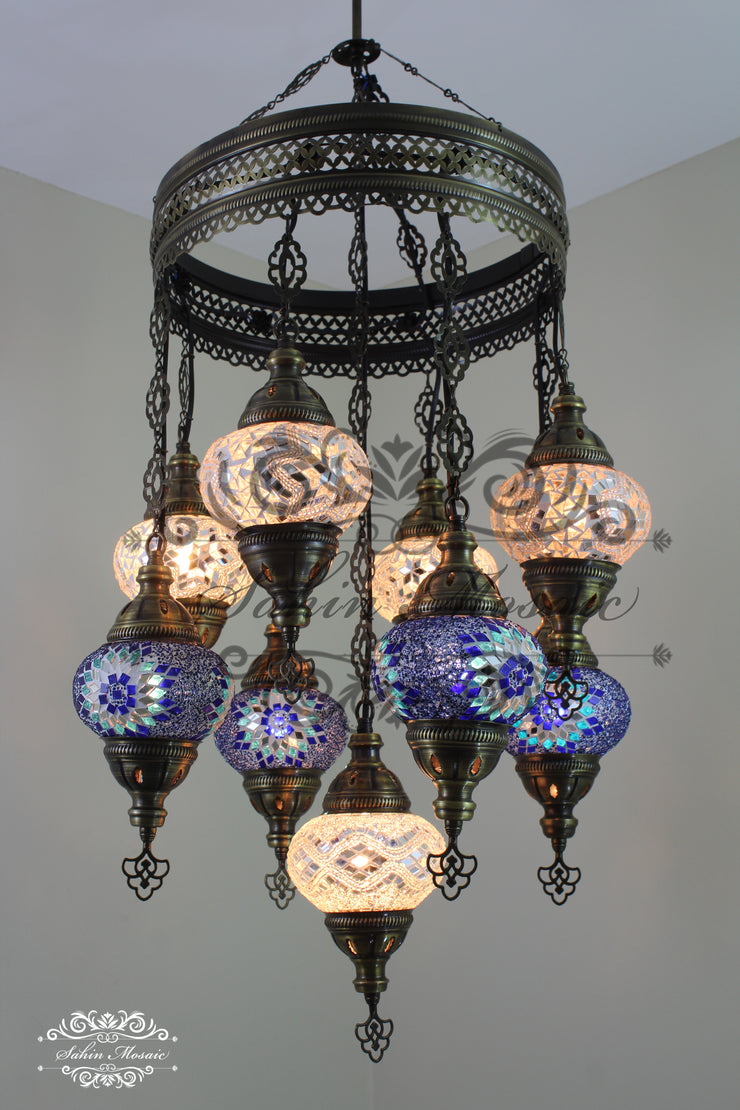 9-BALL TURKISH SULTAN MOSAIC CHANDELIER WITH NO2 (MEDIUM) GLOBES - TurkishLights.NET