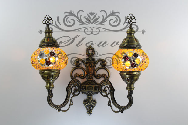 Turkish Mosaic Double Wall Sconce, With Medium Globes, Upward - TurkishLights.NET