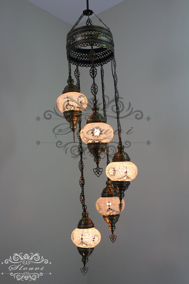 5 BALL TURKISH MOSAIC CHANDELIER WITH MEDIUM GLOBES - TurkishLights.NET