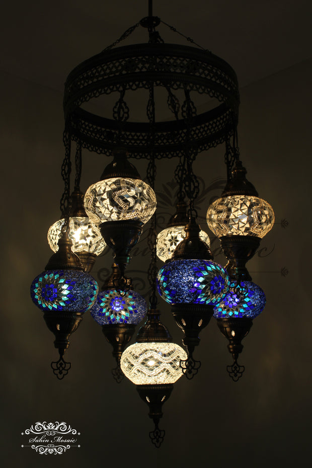 9-BALL TURKISH SULTAN MOSAIC CHANDELIER WITH NO2 (MEDIUM) GLOBES - TurkishLights.NET