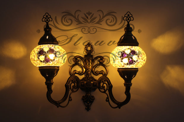 Turkish Mosaic Double Wall Sconce, With Medium Globes, Upward - TurkishLights.NET