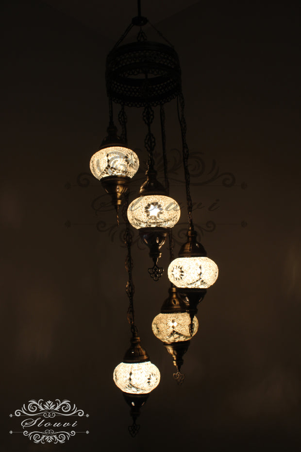 5 BALL TURKISH MOSAIC CHANDELIER WITH MEDIUM GLOBES - TurkishLights.NET