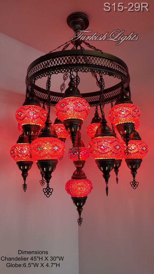 15-BALL TURKISH SULTAN MOSAIC CHANDELIER, MEDİUM GLOBES ID: S15-29R