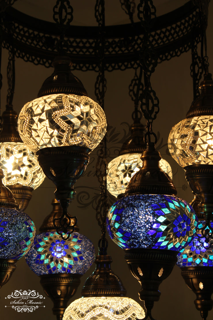 9-BALL TURKISH SULTAN MOSAIC CHANDELIER WITH NO2 (MEDIUM) GLOBES - TurkishLights.NET