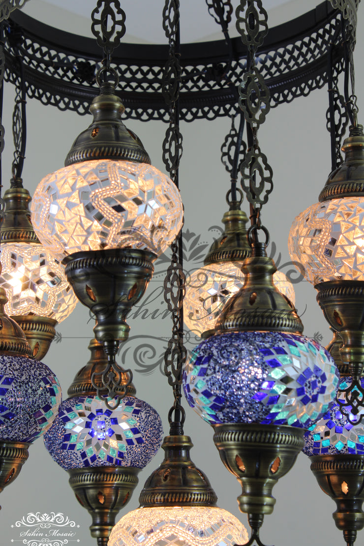 9-BALL TURKISH SULTAN MOSAIC CHANDELIER WITH NO2 (MEDIUM) GLOBES - TurkishLights.NET