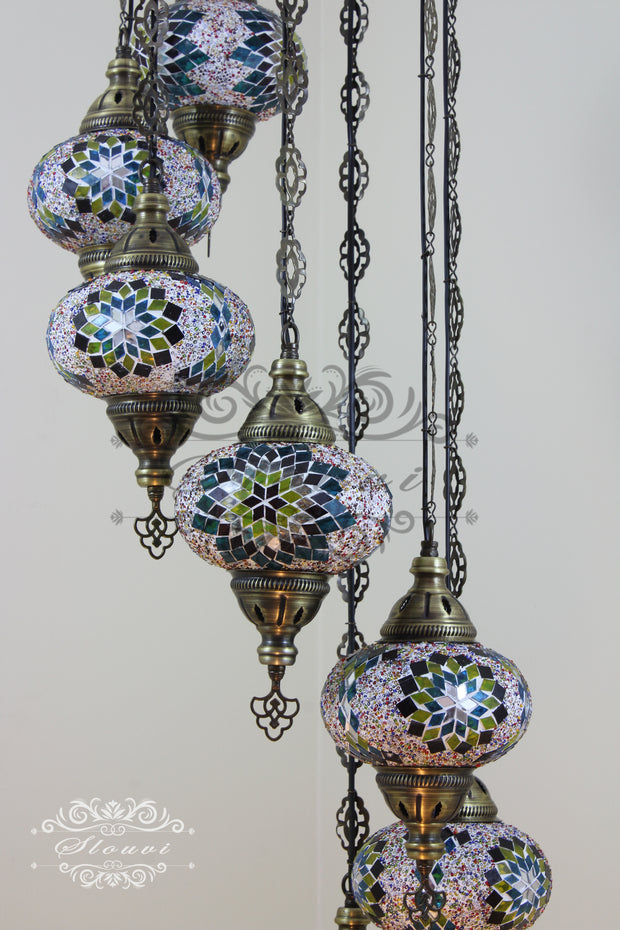 7 - BALL TURKISH MOSAIC CHANDELIER, LARGE GLOBES - TurkishLights.NET