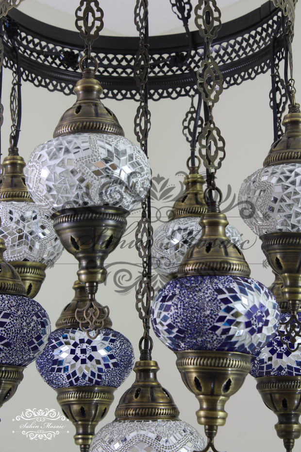 9-BALL TURKISH SULTAN MOSAIC CHANDELIER WITH NO2 (MEDIUM) GLOBES - TurkishLights.NET