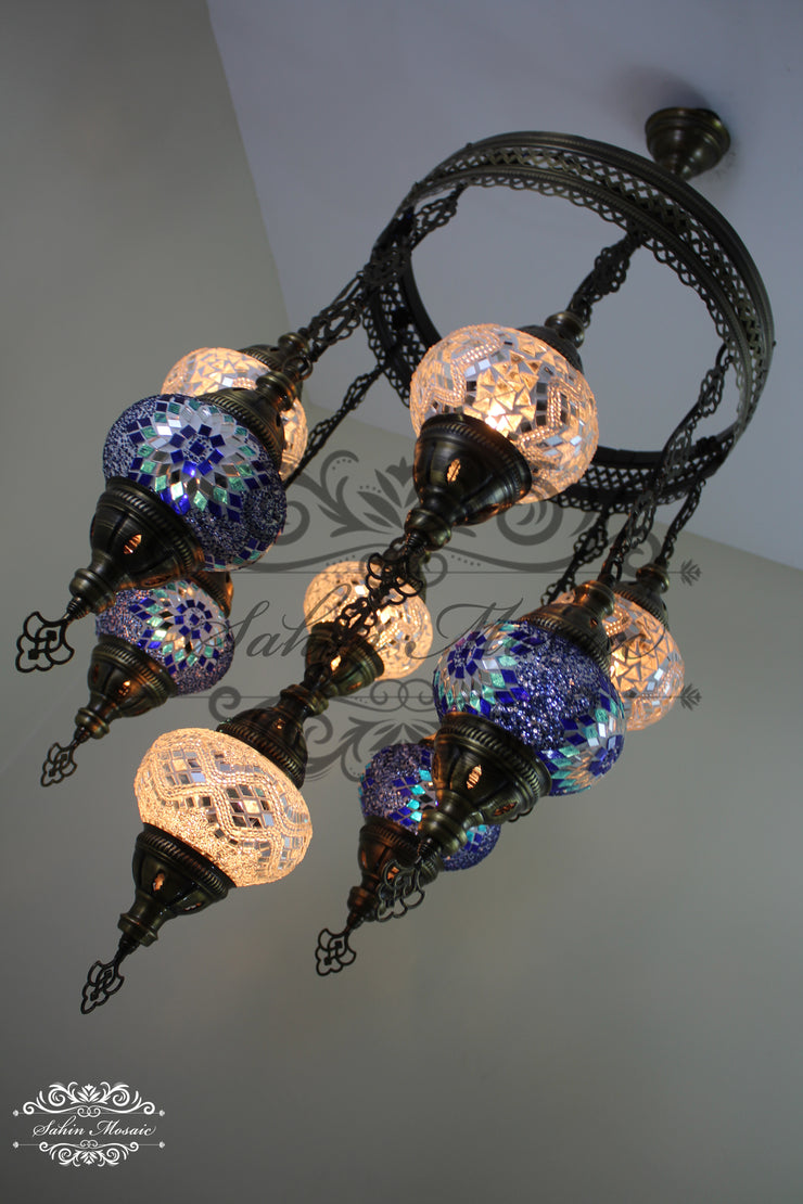 9-BALL TURKISH SULTAN MOSAIC CHANDELIER WITH NO2 (MEDIUM) GLOBES - TurkishLights.NET