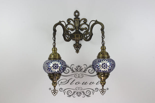 Turkish Mosaic Double Wall Sconce, With Medium Globes - TurkishLights.NET