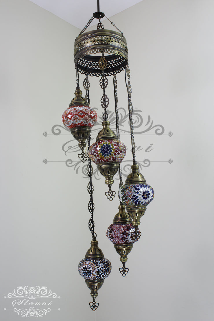 5 BALL TURKISH MOSAIC CHANDELIER WITH MEDIUM GLOBES - TurkishLights.NET