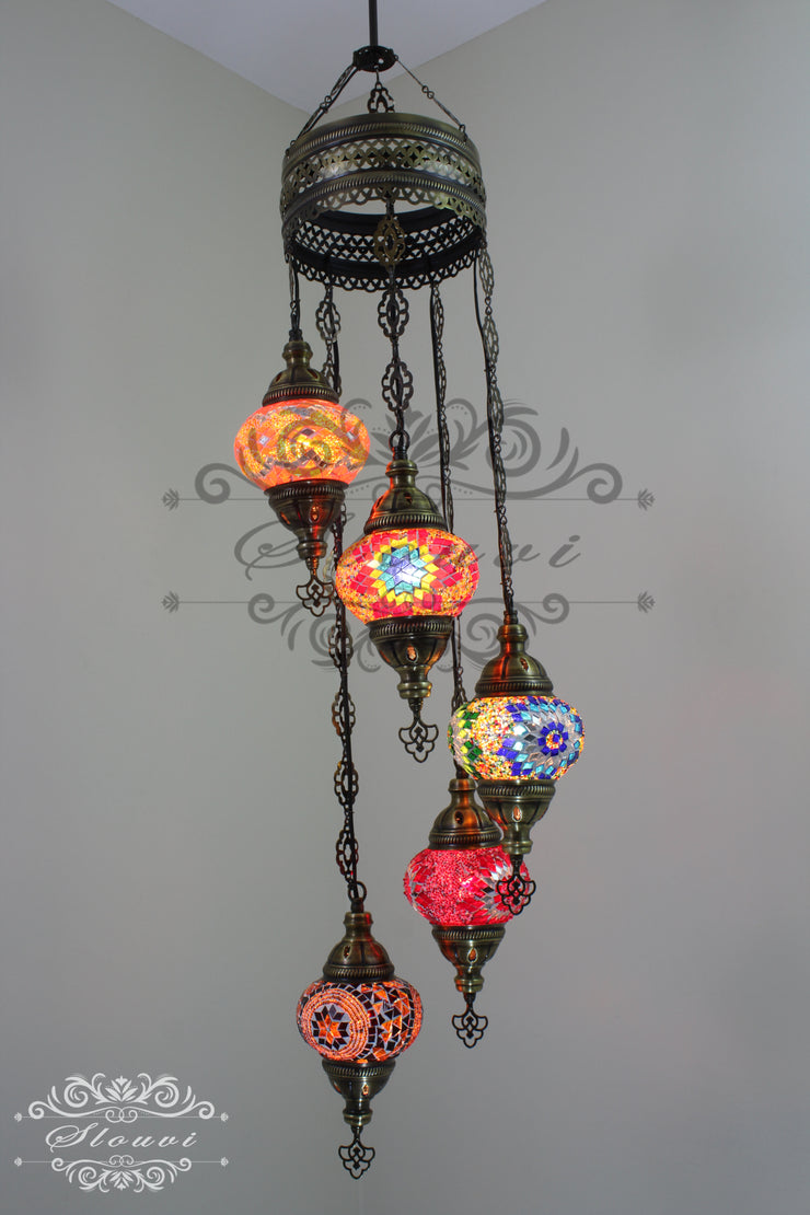 5 BALL TURKISH MOSAIC CHANDELIER WITH MEDIUM GLOBES - TurkishLights.NET