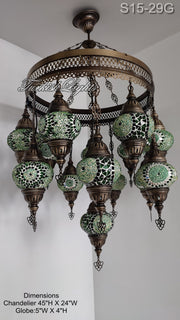 15-BALL TURKISH SULTAN MOSAIC CHANDELIER, MEDİUM GLOBES ID: S15-29G