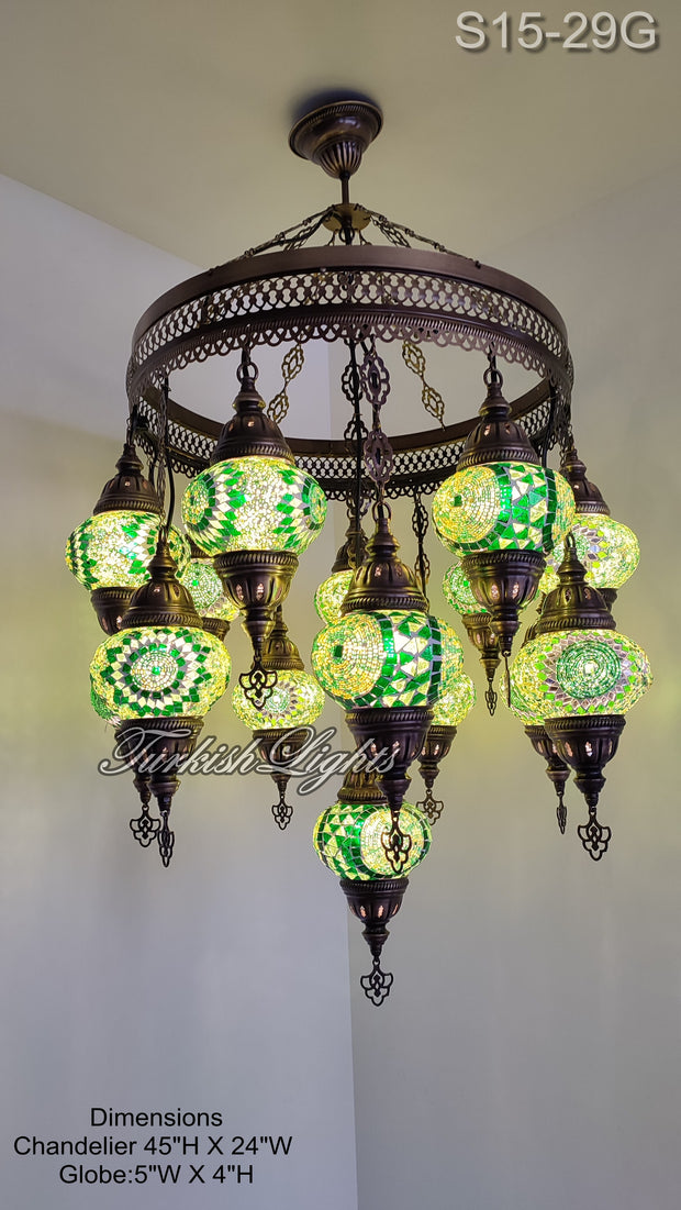 15-BALL TURKISH SULTAN MOSAIC CHANDELIER, MEDİUM GLOBES ID: S15-29G