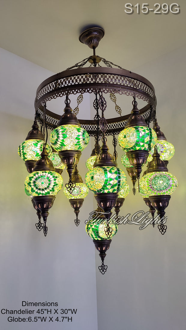 15-BALL TURKISH SULTAN MOSAIC CHANDELIER, MEDİUM GLOBES 15 TO CHOOSE