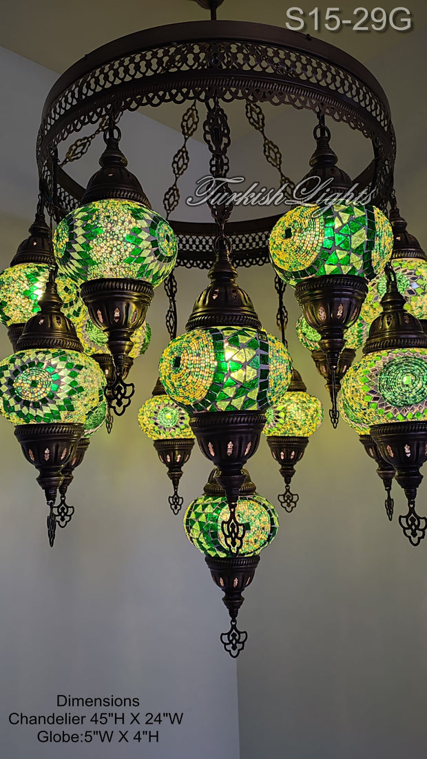 15-BALL TURKISH SULTAN MOSAIC CHANDELIER, MEDİUM GLOBES ID: S15-29G