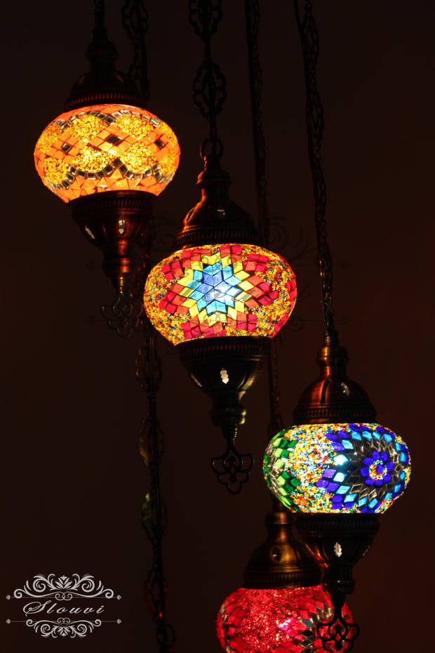 5 BALL TURKISH MOSAIC CHANDELIER WITH MEDIUM GLOBES - TurkishLights.NET