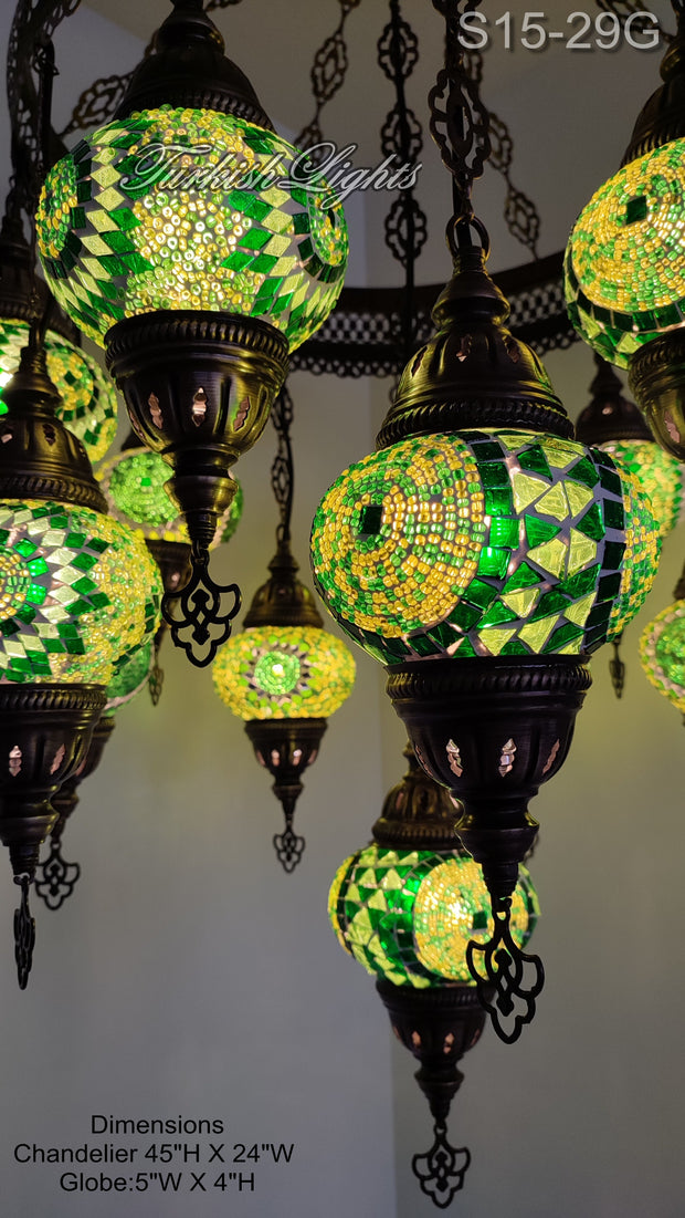 15-BALL TURKISH SULTAN MOSAIC CHANDELIER, MEDİUM GLOBES ID: S15-29G